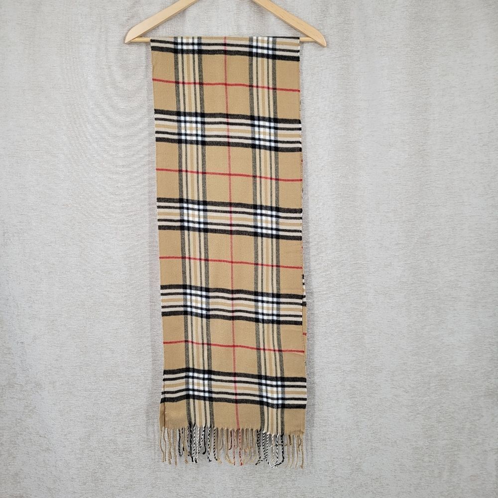 Plaid Fringe Scarf Tan Red Black Classic